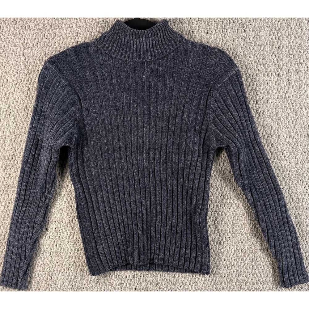 Mark Alan Mock Neck Ribbed Sweater S Blue Marled Knit Cotton Wool Pullover